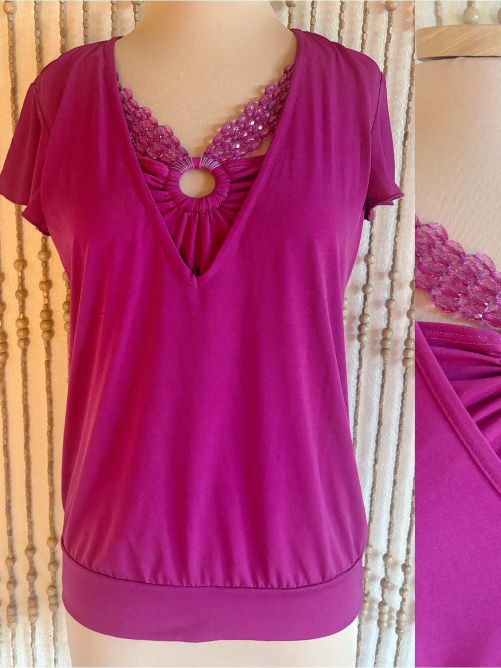 Y2K Crystal Beaded Neckline Cutout Purple Stretchy Bubble Hem Fairy Glam Blouse